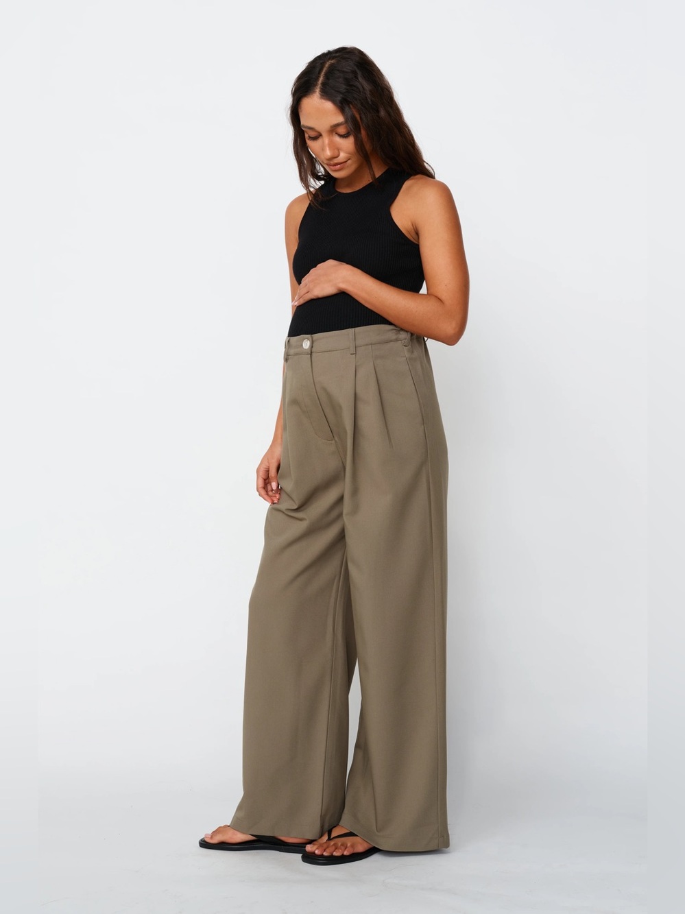Apero Label Zadie Adjustable Maternity Wide Leg Trouser - Khaki, size L